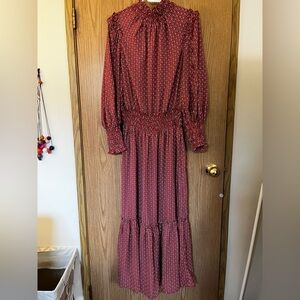 Max Studio Red Long Sleeve Maxi Dress with Smocked Waist